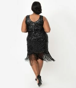 Clothing Unique Vintage Plus Size 1920s Style Black Beaded & Sequin Adalene Cocktail Flapper Dress