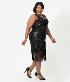 Clothing Unique Vintage Plus Size 1920s Style Black Beaded & Sequin Adalene Cocktail Flapper Dress