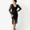 Clothing Unique Vintage 1920s Black Beaded Long Sleeve Fringe Celia Flapper Dress