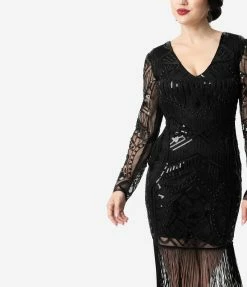 Clothing Unique Vintage 1920s Black Beaded Long Sleeve Fringe Celia Flapper Dress