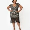 Unique Vintage Plus Size 1920s Beige & Black Beaded Aurore Flapper Dress