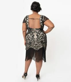 Unique Vintage Plus Size 1920s Beige & Black Beaded Aurore Flapper Dress