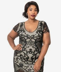 Unique Vintage Plus Size 1920s Beige & Black Beaded Aurore Flapper Dress