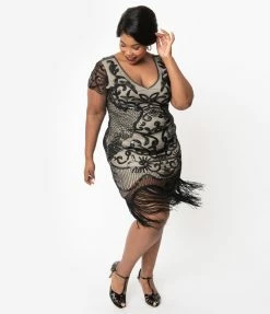 Unique Vintage Plus Size 1920s Beige & Black Beaded Aurore Flapper Dress