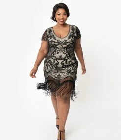 Unique Vintage Plus Size 1920s Beige & Black Beaded Aurore Flapper Dress
