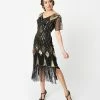 Unique Vintage 1920s Gold Sequin & Black Fringe Katriane Flapper Dress