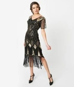 Unique Vintage 1920s Gold Sequin & Black Fringe Katriane Flapper Dress