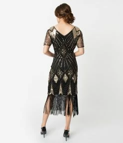 Unique Vintage 1920s Gold Sequin & Black Fringe Katriane Flapper Dress