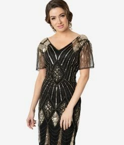 Unique Vintage 1920s Gold Sequin & Black Fringe Katriane Flapper Dress