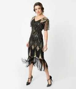 Unique Vintage 1920s Gold Sequin & Black Fringe Katriane Flapper Dress