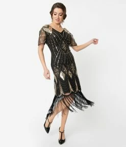 Unique Vintage 1920s Gold Sequin & Black Fringe Katriane Flapper Dress