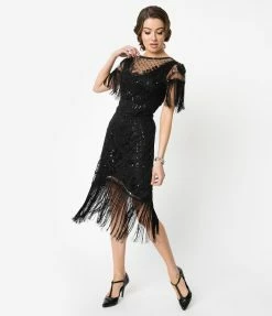 Unique Vintage 1920s Black Beaded Fringe Sleeve Nadine Flapper Dress Clothing