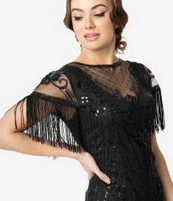 Unique Vintage 1920s Black Beaded Fringe Sleeve Nadine Flapper Dress Clothing