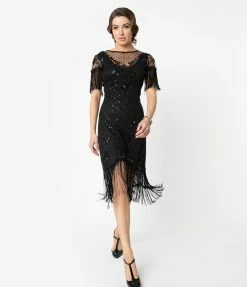 Unique Vintage 1920s Black Beaded Fringe Sleeve Nadine Flapper Dress Clothing