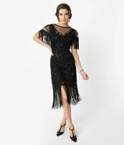 Unique Vintage 1920s Black Beaded Fringe Sleeve Nadine Flapper Dress Clothing