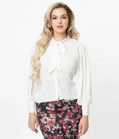 Clothing Unique Vintage White Neck Tie Gwen Blouse