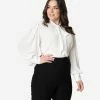 Unique Vintage Plus Size White Neck Tie Gwen Blouse Clothing