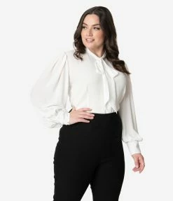 Unique Vintage Plus Size White Neck Tie Gwen Blouse Clothing