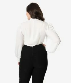Unique Vintage Plus Size White Neck Tie Gwen Blouse Clothing