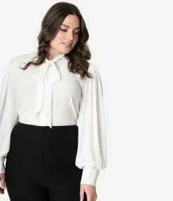 Unique Vintage Plus Size White Neck Tie Gwen Blouse Clothing