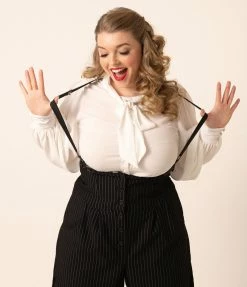 Clothing Unique Vintage Plus Size Black & White Pin Stripe Thelma Suspender Pants