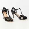 Unique Vintage Black Patent Leatherette Peep Toe T-Strap Everly Pumps