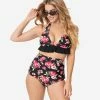 Unique Vintage Black & Pink Floral High Waist Louise Swim Bottoms Swimwear