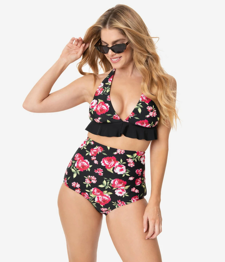 Unique Vintage Black & Pink Floral High Waist Louise Swim Bottoms Swimwear