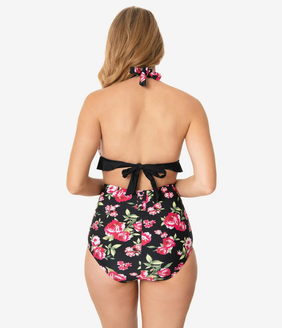 Unique Vintage Black & Pink Floral High Waist Louise Swim Bottoms Swimwear