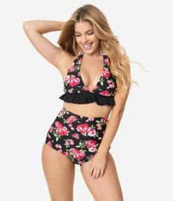 Unique Vintage Black & Pink Floral High Waist Louise Swim Bottoms Swimwear