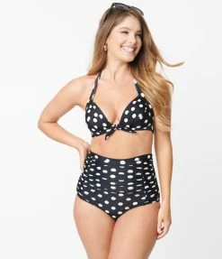 Swimwear Unique Vintage Black & White Polka Dot Monroe High Waist Bikini Bottom