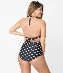 Swimwear Unique Vintage Black & White Polka Dot Monroe High Waist Bikini Bottom