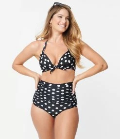 Swimwear Unique Vintage Black & White Polka Dot Monroe High Waist Bikini Bottom