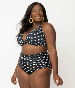 Swimwear Unique Vintage Plus Size Black & White Polka Dot Print Monroe Halter Bikini Top