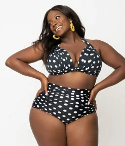 Swimwear Unique Vintage Plus Size Black & White Polka Dot Print Monroe Halter Bikini Top