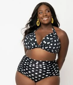 Swimwear Unique Vintage Plus Size Black & White Polka Dot Print Monroe Halter Bikini Top