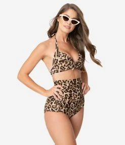 Unique Vintage Leopard Print Monroe Halter Swim Top