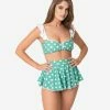 Swimwear Unique Vintage Green & White Polka Dot Ruffle Crystal Cove Bandeau Bikini Top