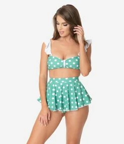 Swimwear Unique Vintage Green & White Polka Dot Ruffle Crystal Cove Bandeau Bikini Top