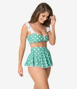 Swimwear Unique Vintage Green & White Polka Dot Ruffle Crystal Cove Bandeau Bikini Top