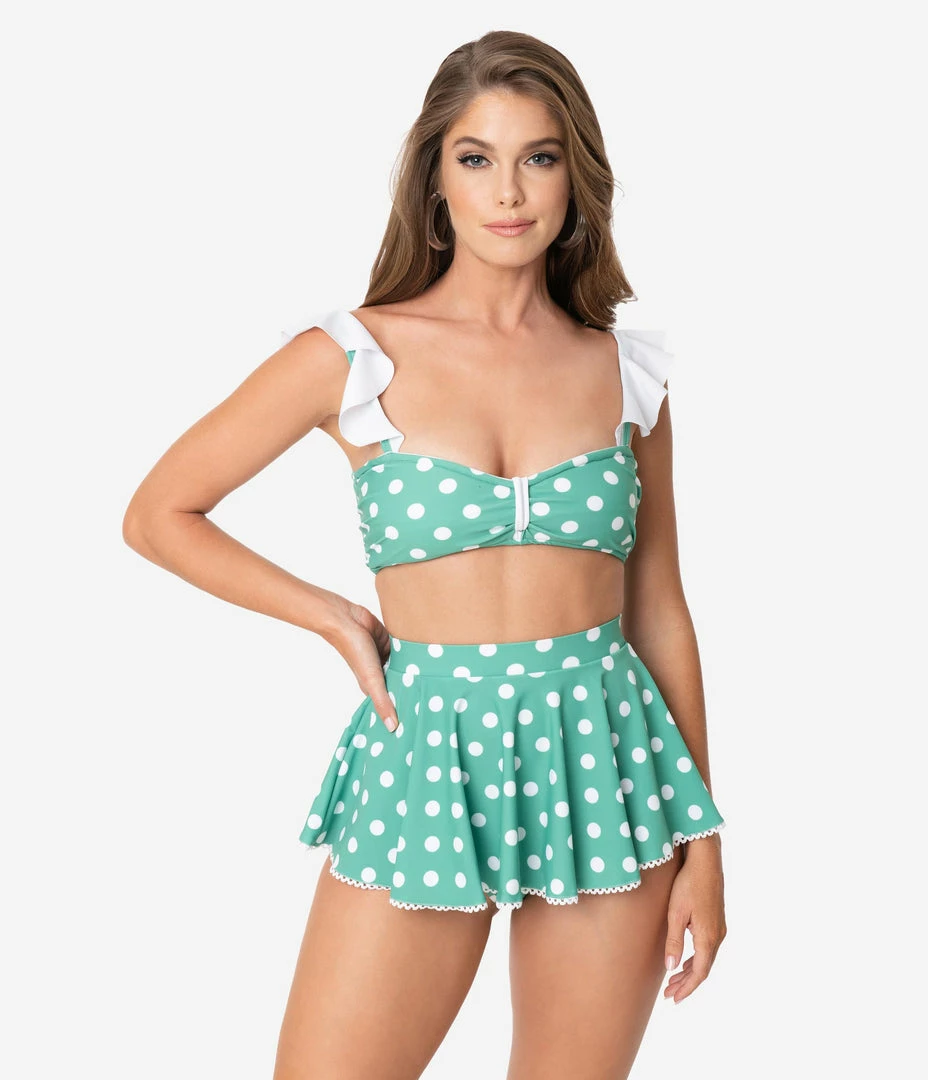 Swimwear Unique Vintage Green & White Polka Dot Ruffle Crystal Cove Bandeau Bikini Top