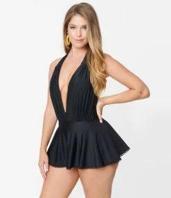 Unique Vintage Black Halter Skirted Wendy Swimsuit