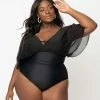 Unique Vintage Plus Size Black Mesh Sleeved Torrey Swimsuit