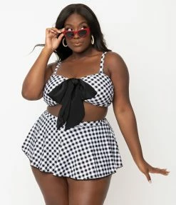 Swimwear Unique Vintage Plus Size Black & White Gingham Bow Rialto Bikini Top