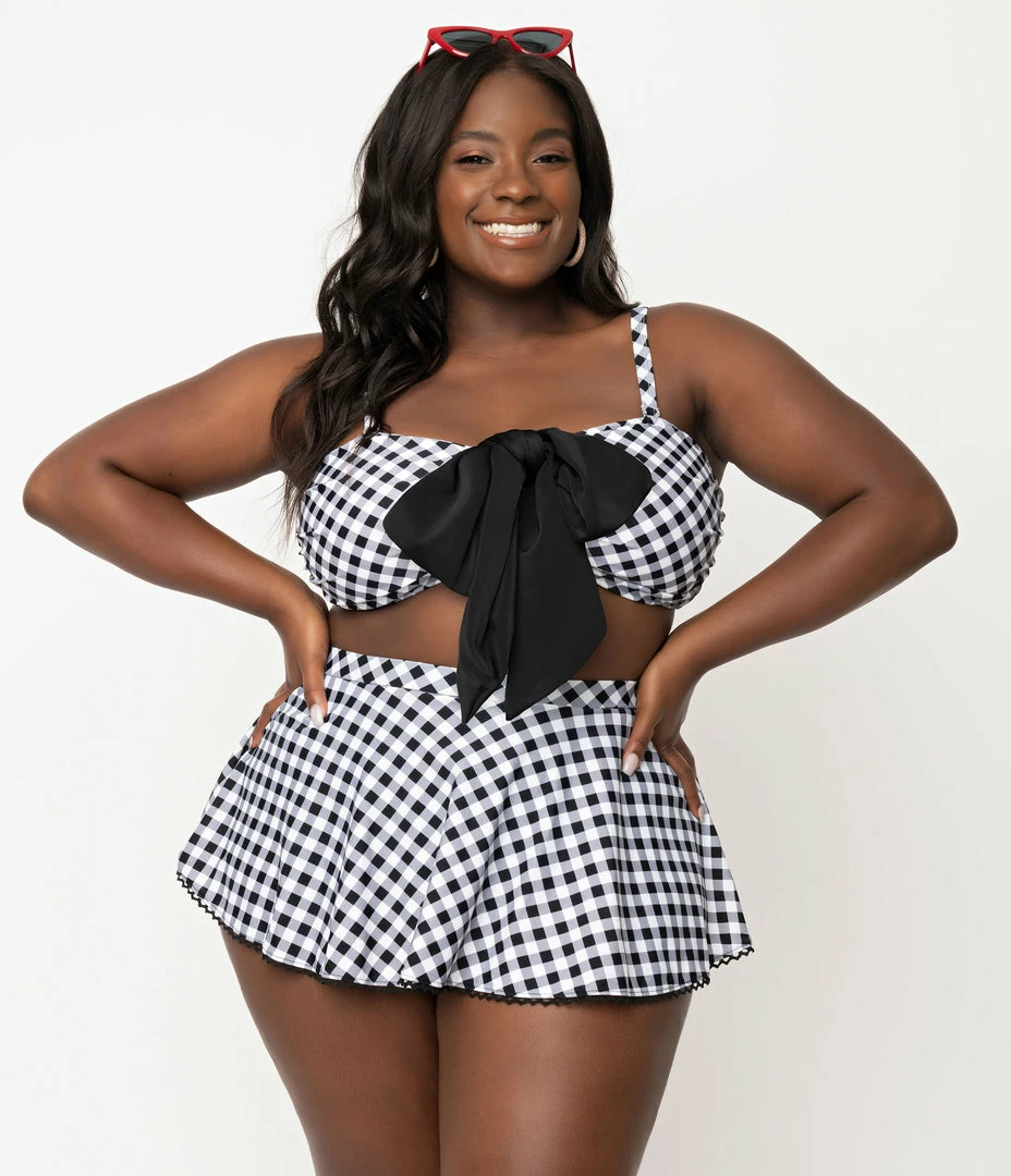 Swimwear Unique Vintage Plus Size Black & White Gingham Bow Rialto Bikini Top