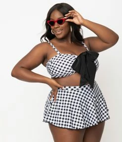 Swimwear Unique Vintage Plus Size Black & White Gingham Bow Rialto Bikini Top
