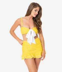 Swimwear Unique Vintage Yellow & White Pin Dot Bow Rialto Bikini Top