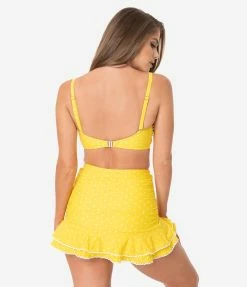Swimwear Unique Vintage Yellow & White Pin Dot Bow Rialto Bikini Top