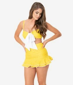 Swimwear Unique Vintage Yellow & White Pin Dot Bow Rialto Bikini Top