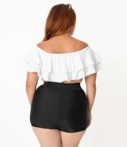 Unique Vintage Plus Size Black High Waist Capitola Swim Shorts